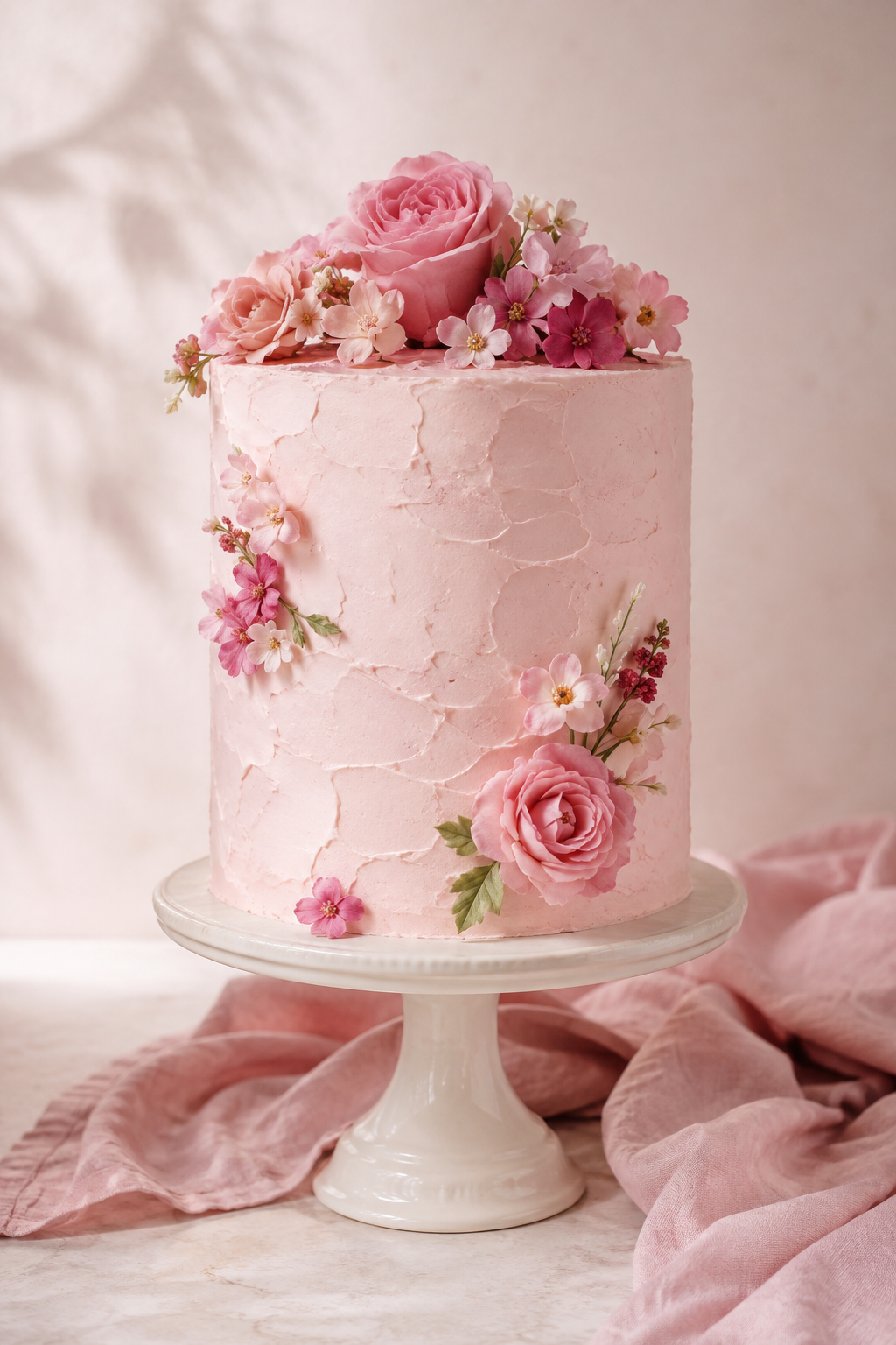 Inspiración: torta rosa decorada con flores sobre un pedestal